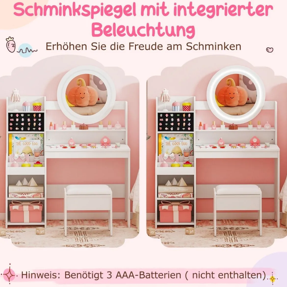 Kinder Schminktisch mit Spiegel & Licht Prinzessin Spieltisch mit Regal Ringschlitzen & gepolstertem Hocker Weiß
