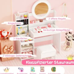 Kinder Schminktisch mit Spiegel & Licht Prinzessin Spieltisch mit Regal Ringschlitzen & gepolstertem Hocker Weiß