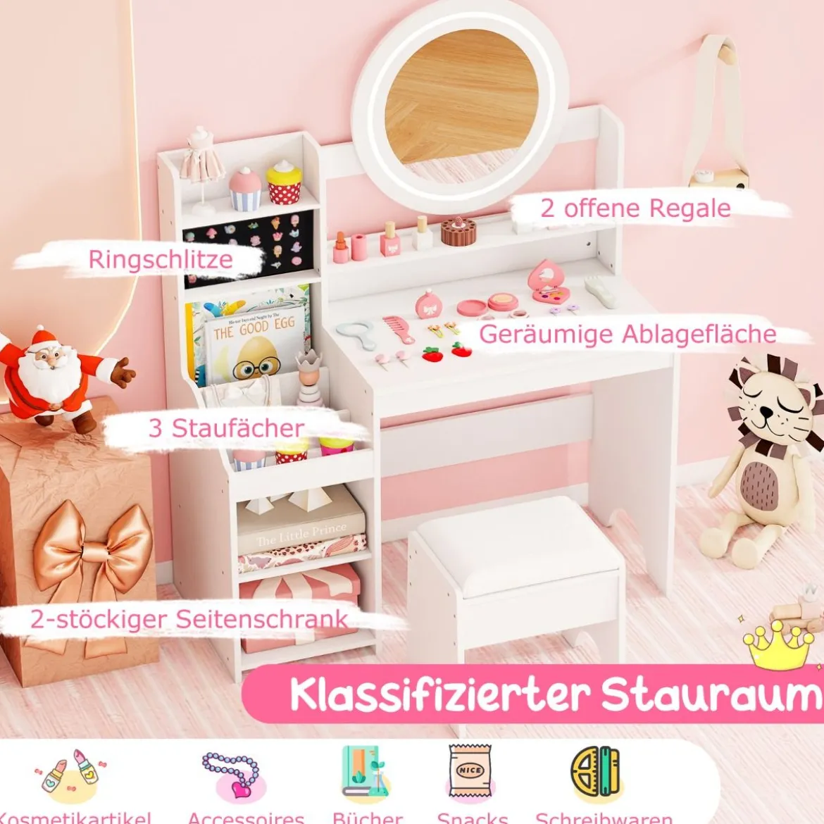 Kinder Schminktisch mit Spiegel & Licht Prinzessin Spieltisch mit Regal Ringschlitzen & gepolstertem Hocker Weiß