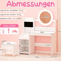 Kinder Schminktisch mit Spiegel & Licht Prinzessin Spieltisch mit Regal Ringschlitzen & gepolstertem Hocker Weiß