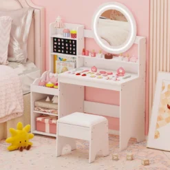 Kinder Schminktisch mit Spiegel & Licht Prinzessin Spieltisch mit Regal Ringschlitzen & gepolstertem Hocker Weiß