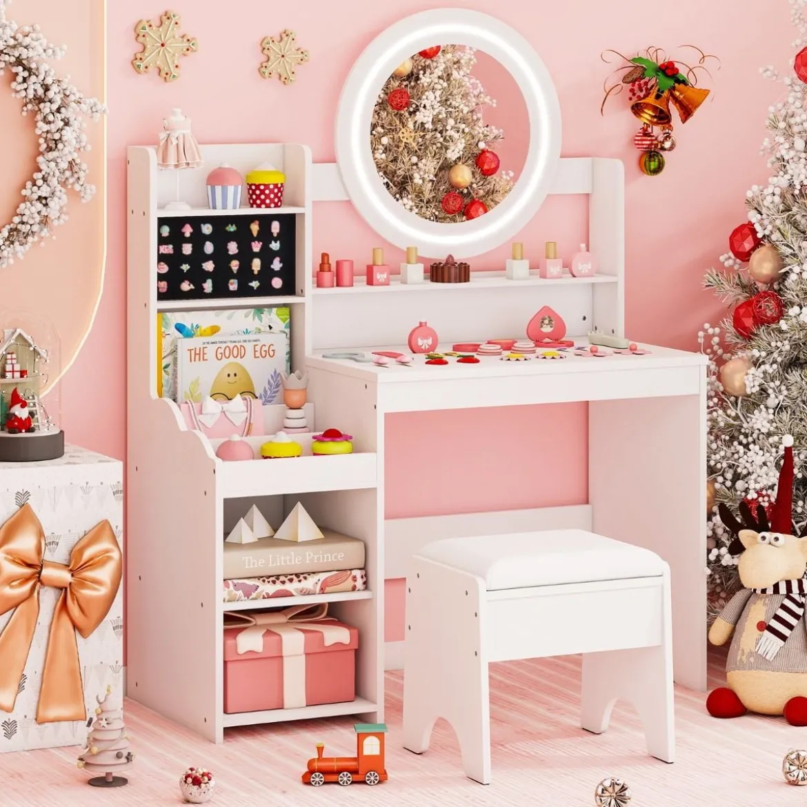 Kinder Schminktisch mit Spiegel & Licht Prinzessin Spieltisch mit Regal Ringschlitzen & gepolstertem Hocker Weiß
