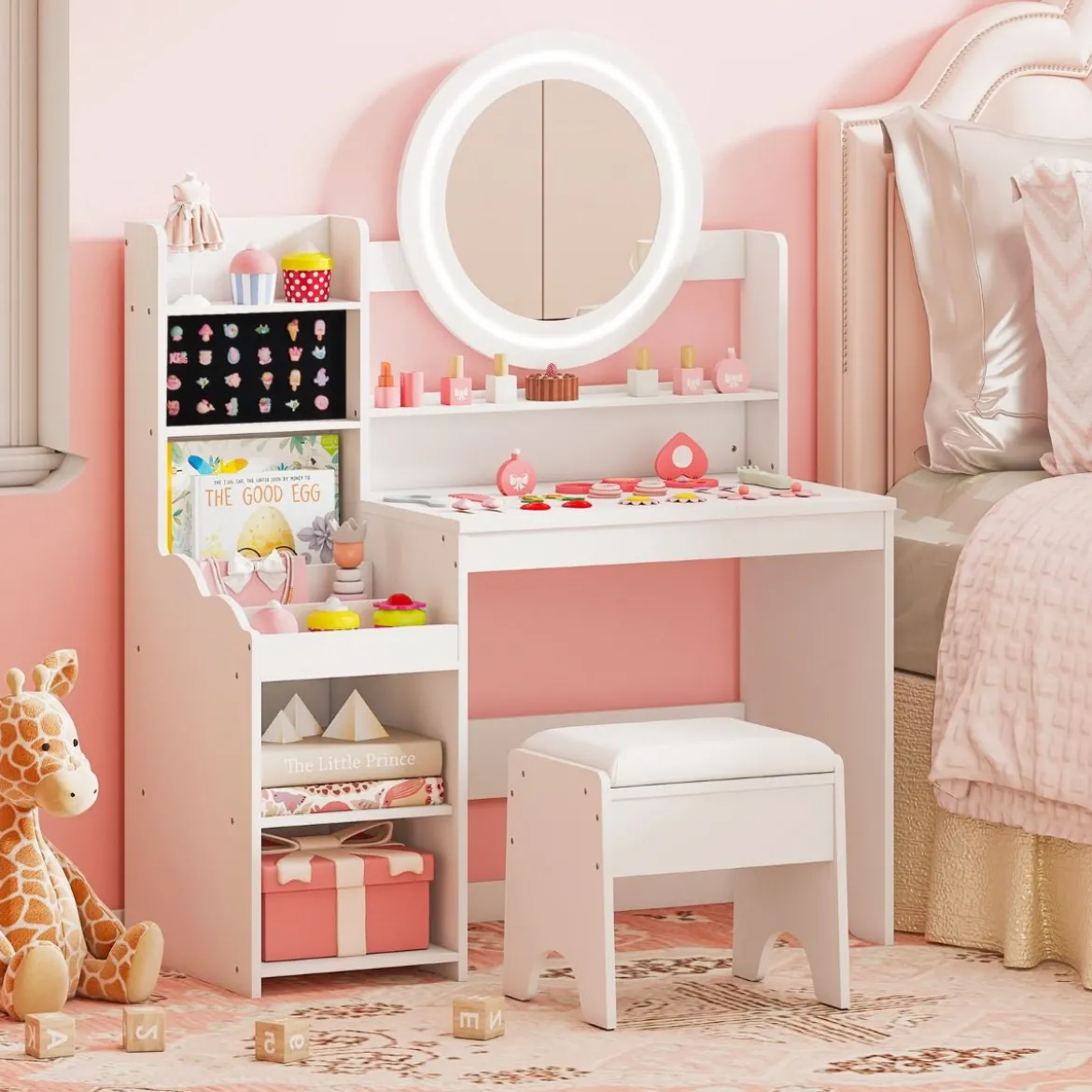 Kinder Schminktisch mit Spiegel & Licht Prinzessin Spieltisch mit Regal Ringschlitzen & gepolstertem Hocker Weiß