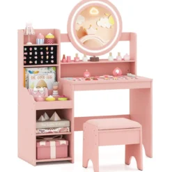 Kinder Schminktisch mit Spiegel & Licht Prinzessin Spieltisch mit Regal Ringschlitzen & gepolstertem Hocker Rosa