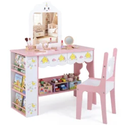 Kinderschminktisch mit Stuhl & Wolkenförmiger Spiegel Schminktisch mit 2 Schubladen Weiß