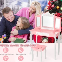 Kinder Schminktisch Prinzessin Frisiertisch mit Schublade Klappbarer Spiegel mit Schminktisch Rosa