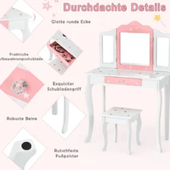 Kinder Schminktisch Prinzessin Frisiertisch mit Schublade Klappbarer Spiegel mit Schminktisch Weiß