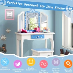 Kinder Schminktisch Set mit Dreifach Klappbarem Spiegel & Abnehmbarer Platte Blau