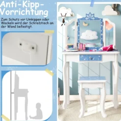 Kinder Schminktisch Set mit Dreifach Klappbarem Spiegel & Abnehmbarer Platte Blau