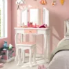 Kinder Schminktisch Set mit Dreifach Klappbarem Spiegel & Abnehmbarer Platte Rosa