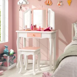 Kinder Schminktisch Set mit Dreifach Klappbarem Spiegel & Abnehmbarer Platte Rosa