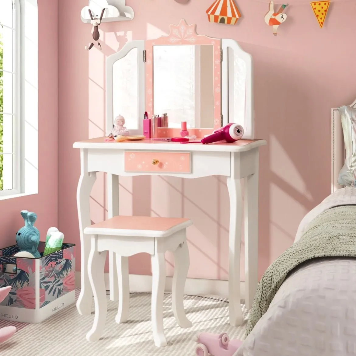 Kinder Schminktisch Set mit Dreifach Klappbarem Spiegel & Abnehmbarer Platte Rosa
