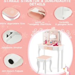 Kinder Schminktisch Set mit Dreifach Klappbarem Spiegel & Abnehmbarer Platte Rosa