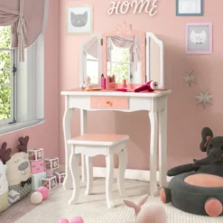 Kinder Schminktisch Set mit Dreifach Klappbarem Spiegel & Abnehmbarer Platte Rosa