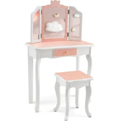 Kinder Schminktisch Set mit Dreifach Klappbarem Spiegel & Abnehmbarer Platte Rosa