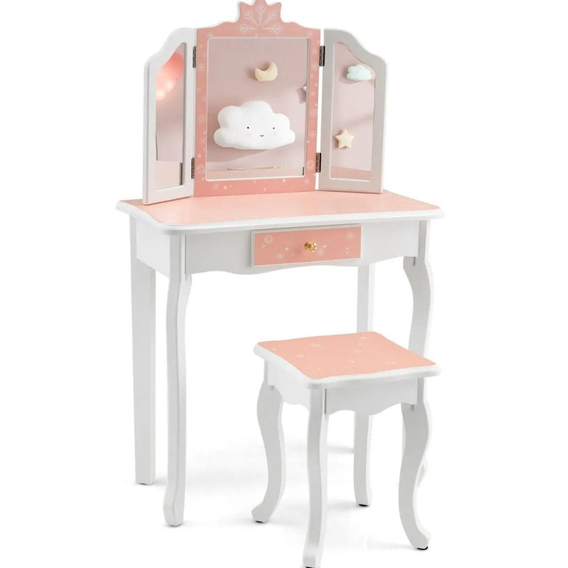 Kinder Schminktisch Set mit Dreifach Klappbarem Spiegel & Abnehmbarer Platte Rosa