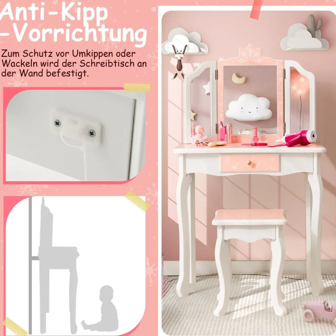 Kinder Schminktisch Set mit Dreifach Klappbarem Spiegel & Abnehmbarer Platte Rosa