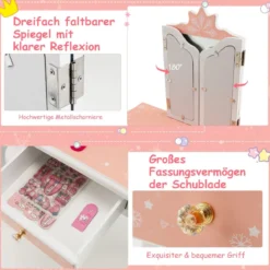 Kinder Schminktisch Set mit Dreifach Klappbarem Spiegel & Abnehmbarer Platte Rosa