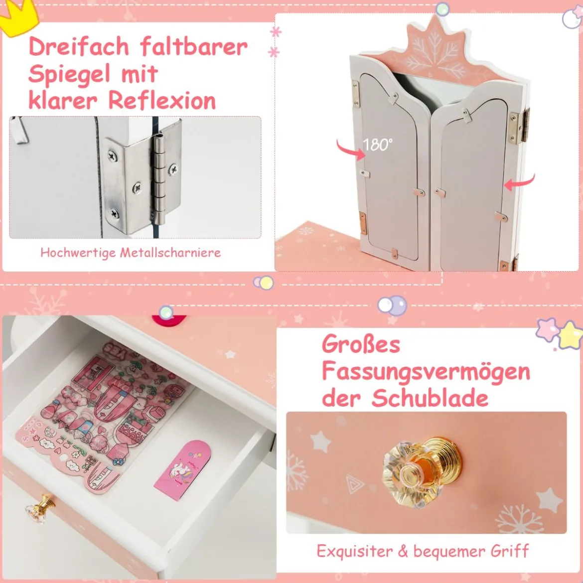 Kinder Schminktisch Set mit Dreifach Klappbarem Spiegel & Abnehmbarer Platte Rosa