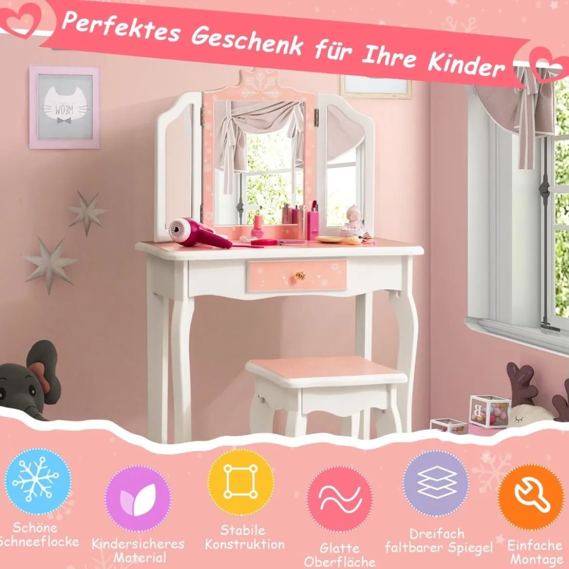Kinder Schminktisch Set mit Dreifach Klappbarem Spiegel & Abnehmbarer Platte Rosa