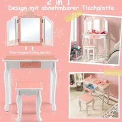 Kinder Schminktisch Set mit Dreifach Klappbarem Spiegel & Abnehmbarer Platte Rosa