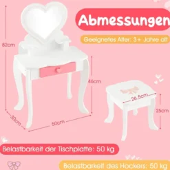 Kinder Schminktisch Set mit ♡Herzförmigem Spiegel & Hocker & Schublade & Zubehör