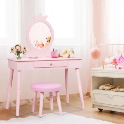 Kinder Schminktisch-Set mit Hocker & Abnehmbarem Spiegel Make-up Tisch Rosa