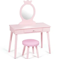 Kinder Schminktisch-Set mit Hocker & Abnehmbarem Spiegel Make-up Tisch Rosa