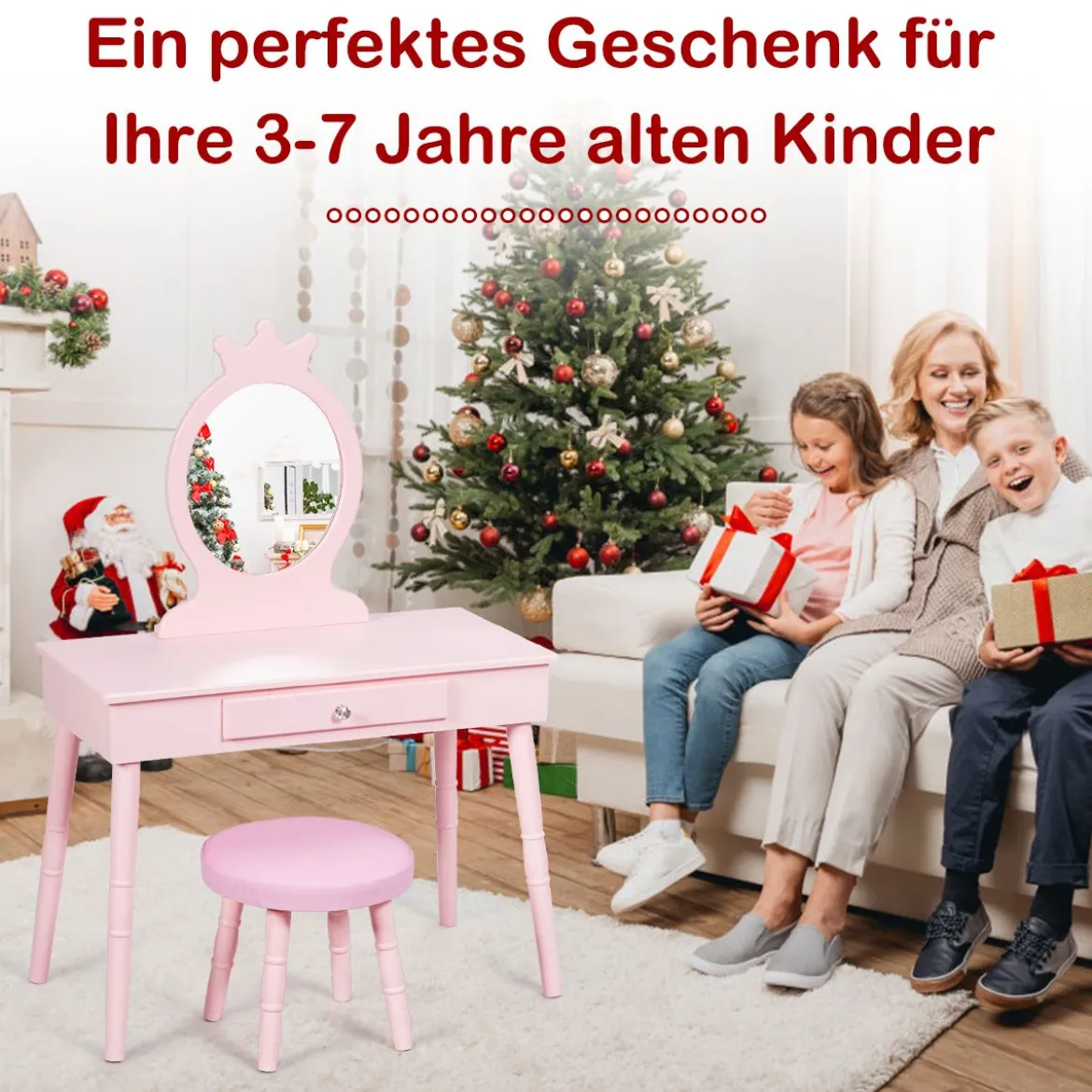 Kinder Schminktisch-Set mit Hocker & Abnehmbarem Spiegel Make-up Tisch Rosa