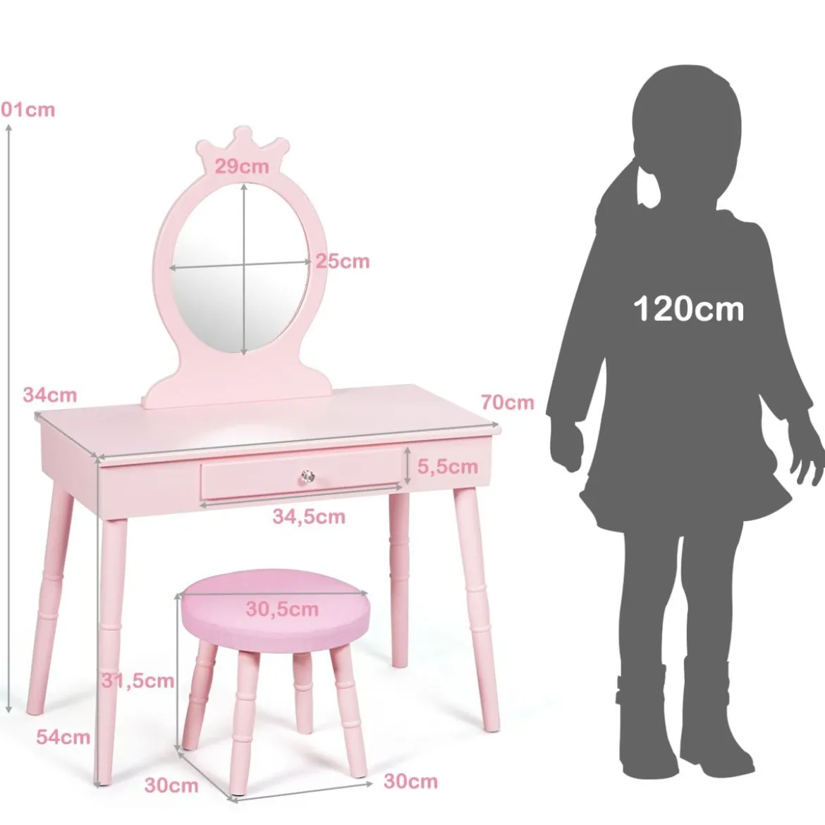 Kinder Schminktisch-Set mit Hocker & Abnehmbarem Spiegel Make-up Tisch Rosa