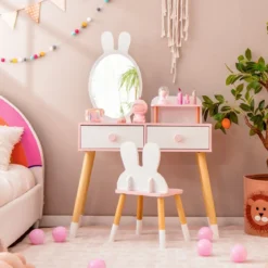 Kinder Schminktisch Set mit Kaninchen Design Schminkset mit Massivholzbeinen