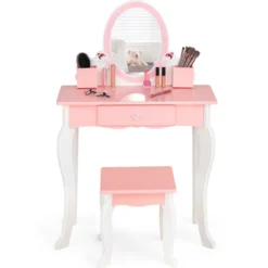 Kinder-Schminktisch und Hocker aus Holz mit Spiegel Schublade 62 x 32 x 93 cm Rosa + Weiß