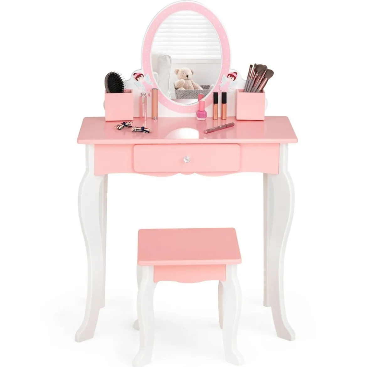 Kinder-Schminktisch und Hocker aus Holz mit Spiegel Schublade 62 x 32 x 93 cm Rosa + Weiß
