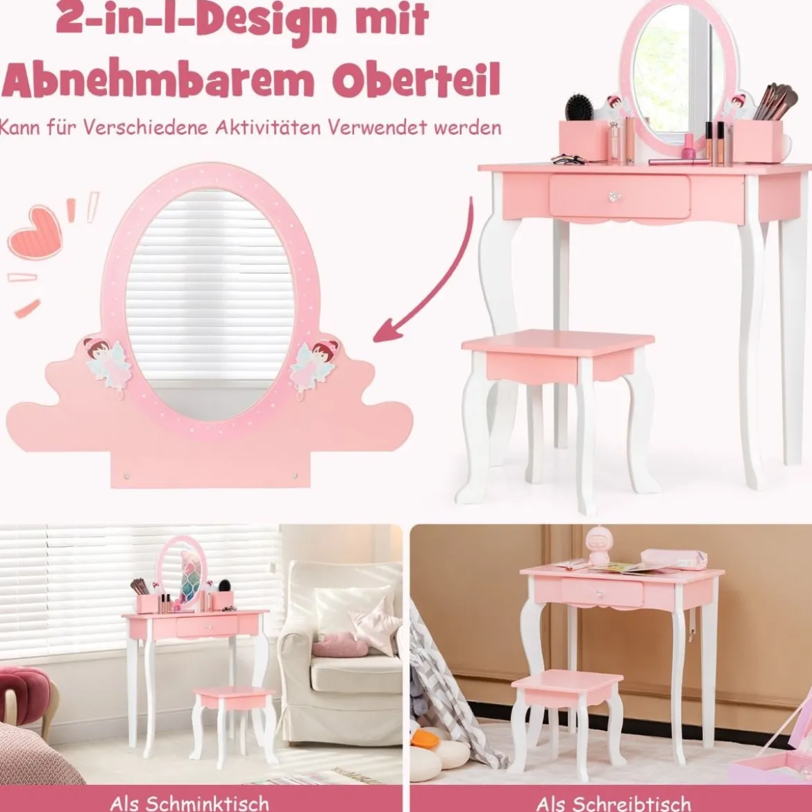 Kinder-Schminktisch und Hocker aus Holz mit Spiegel Schublade 62 x 32 x 93 cm Rosa + Weiß