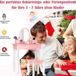 Kinder-Schminktisch und Hocker aus Holz mit Spiegel Schublade 62 x 32 x 93 cm Rosa + Weiß