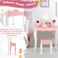 Kinder-Schminktisch und Hocker aus Holz mit Spiegel Schublade 62 x 32 x 93 cm Rosa + Weiß