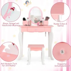 Kinder-Schminktisch und Hocker aus Holz mit Spiegel Schublade 62 x 32 x 93 cm Rosa + Weiß