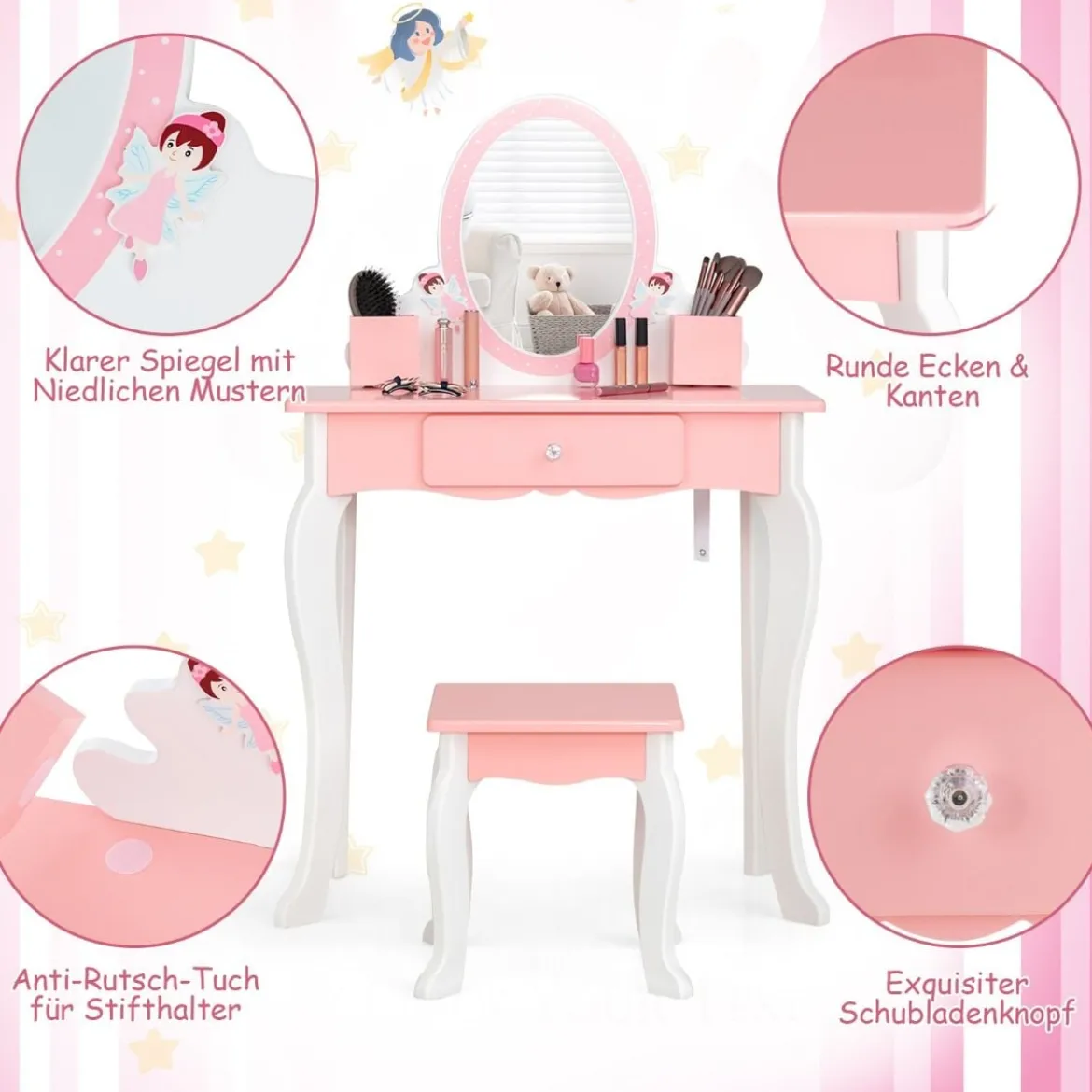 Kinder-Schminktisch und Hocker aus Holz mit Spiegel Schublade 62 x 32 x 93 cm Rosa + Weiß