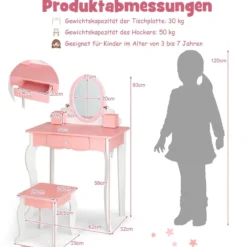 Kinder-Schminktisch und Hocker aus Holz mit Spiegel Schublade 62 x 32 x 93 cm Rosa + Weiß