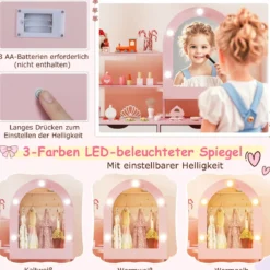 Kinderschminktisch- und Stuhl-Set Frisiertisch mit Spiegel mit 3-Farbbeleuchtung einstellbare Helligkeit Rosa