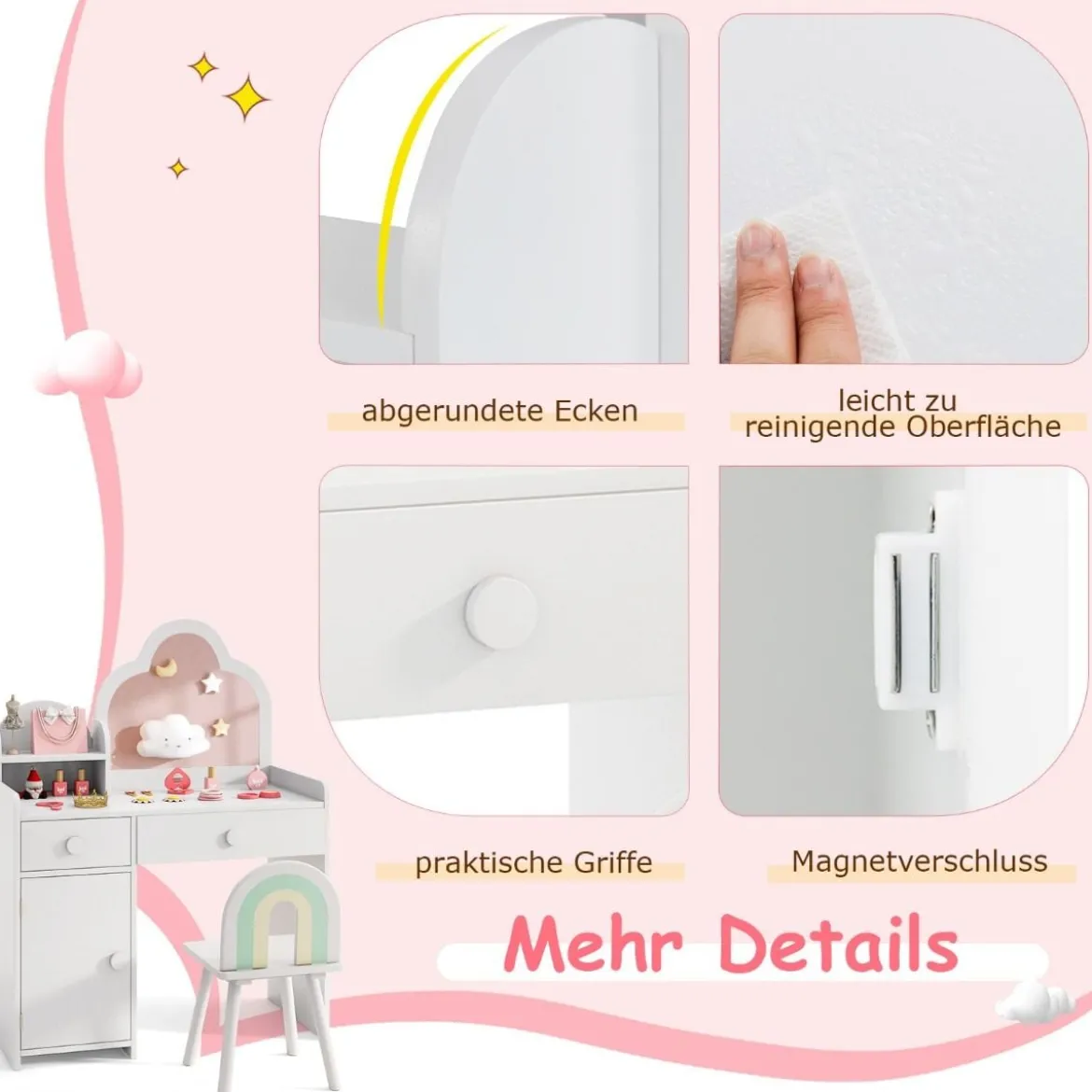 Kinder Schminktisch wolkenförmig 2 in 1 Frisiertisch mit Hocker Kosmetiktisch Weiß