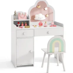 Kinder Schminktisch wolkenförmig 2 in 1 Frisiertisch mit Hocker Kosmetiktisch Weiß