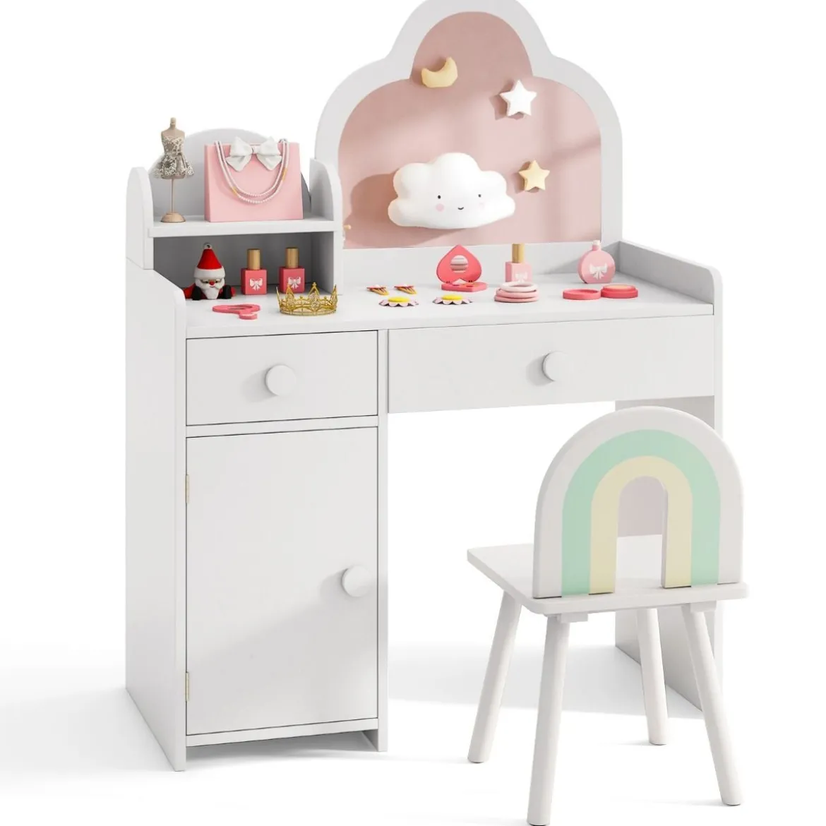 Kinder Schminktisch wolkenförmig 2 in 1 Frisiertisch mit Hocker Kosmetiktisch Weiß