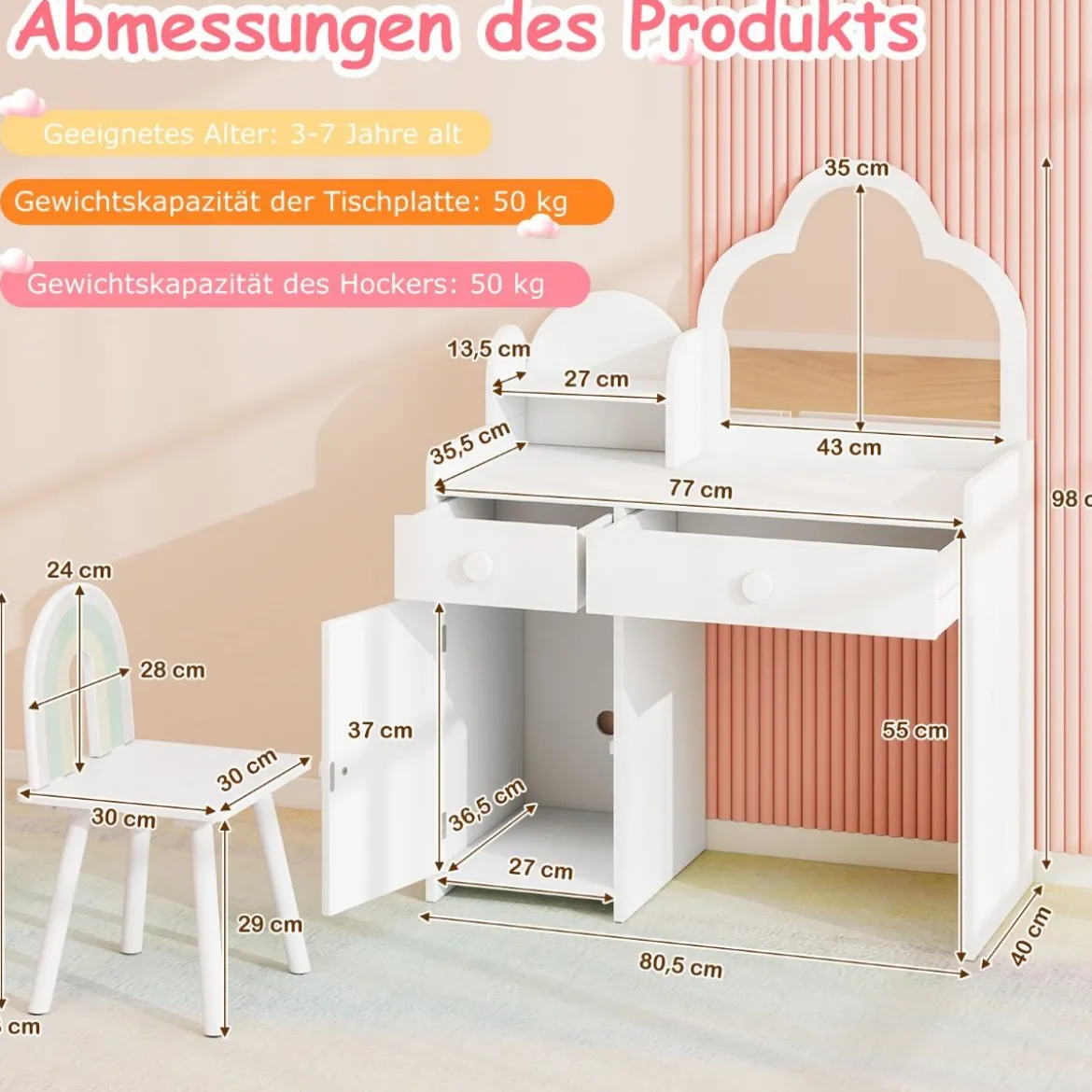 Kinder Schminktisch wolkenförmig 2 in 1 Frisiertisch mit Hocker Kosmetiktisch Weiß