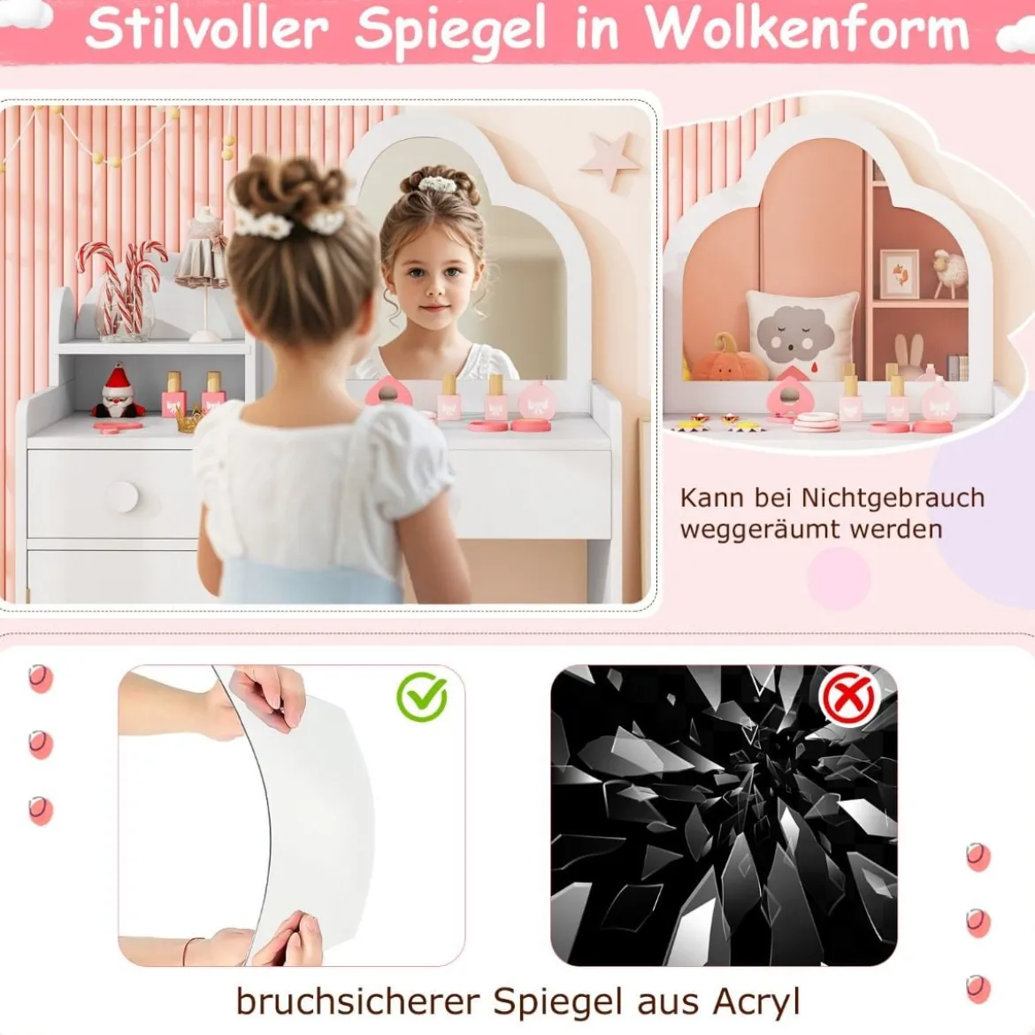 Kinder Schminktisch wolkenförmig 2 in 1 Frisiertisch mit Hocker Kosmetiktisch Weiß