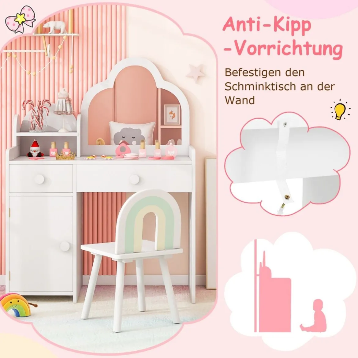 Kinder Schminktisch wolkenförmig 2 in 1 Frisiertisch mit Hocker Kosmetiktisch Weiß