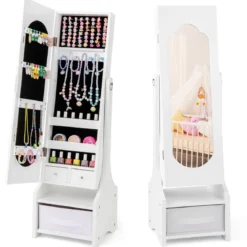 Kinder Schmuckschrank 3 in 1 Spiegelschrank neigbar mit Ganzkörperspiege Weiß