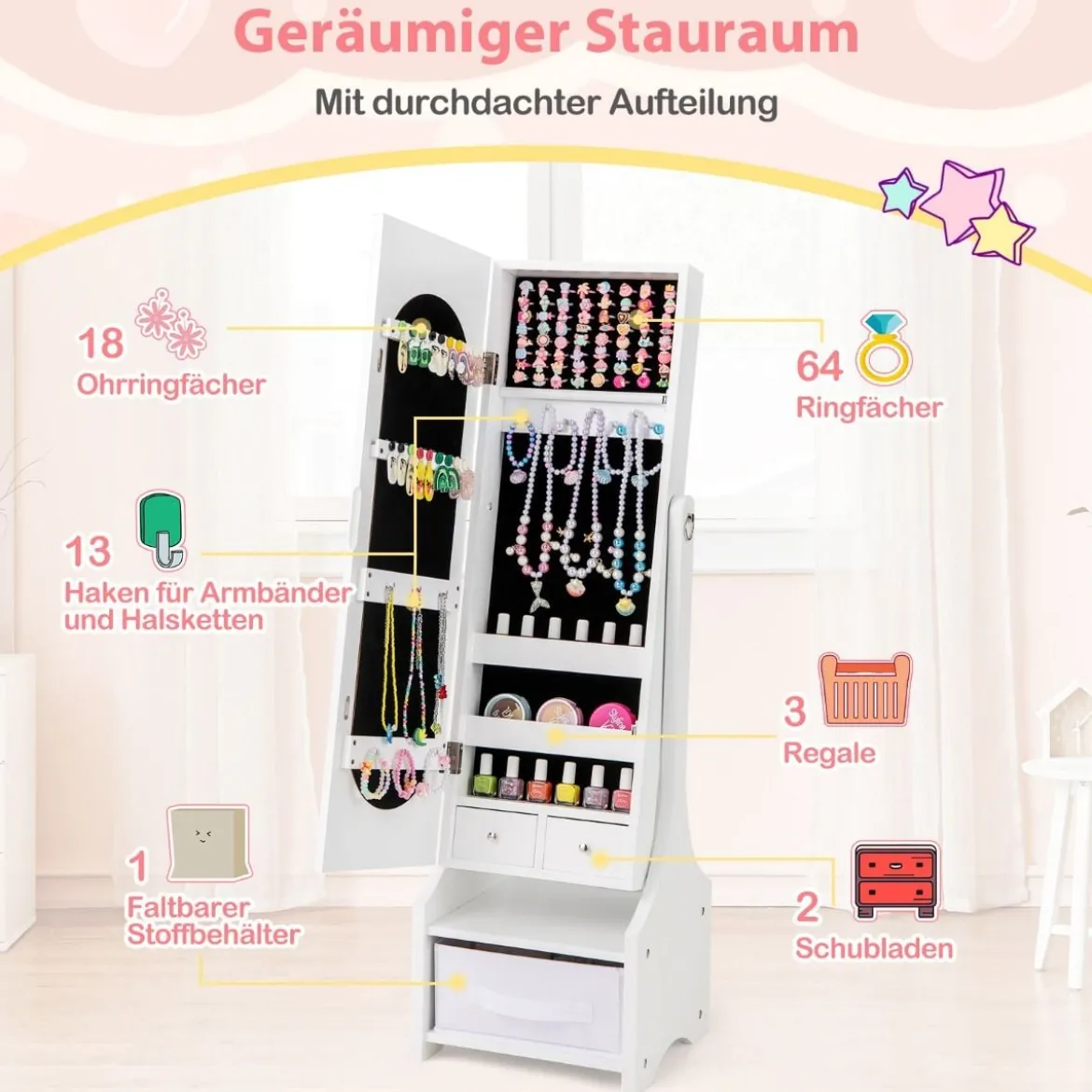 Kinder Schmuckschrank 3 in 1 Spiegelschrank neigbar mit Ganzkörperspiege Weiß