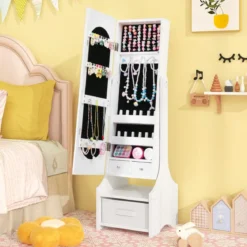 Kinder Schmuckschrank 3 in 1 Spiegelschrank neigbar mit Ganzkörperspiege Weiß