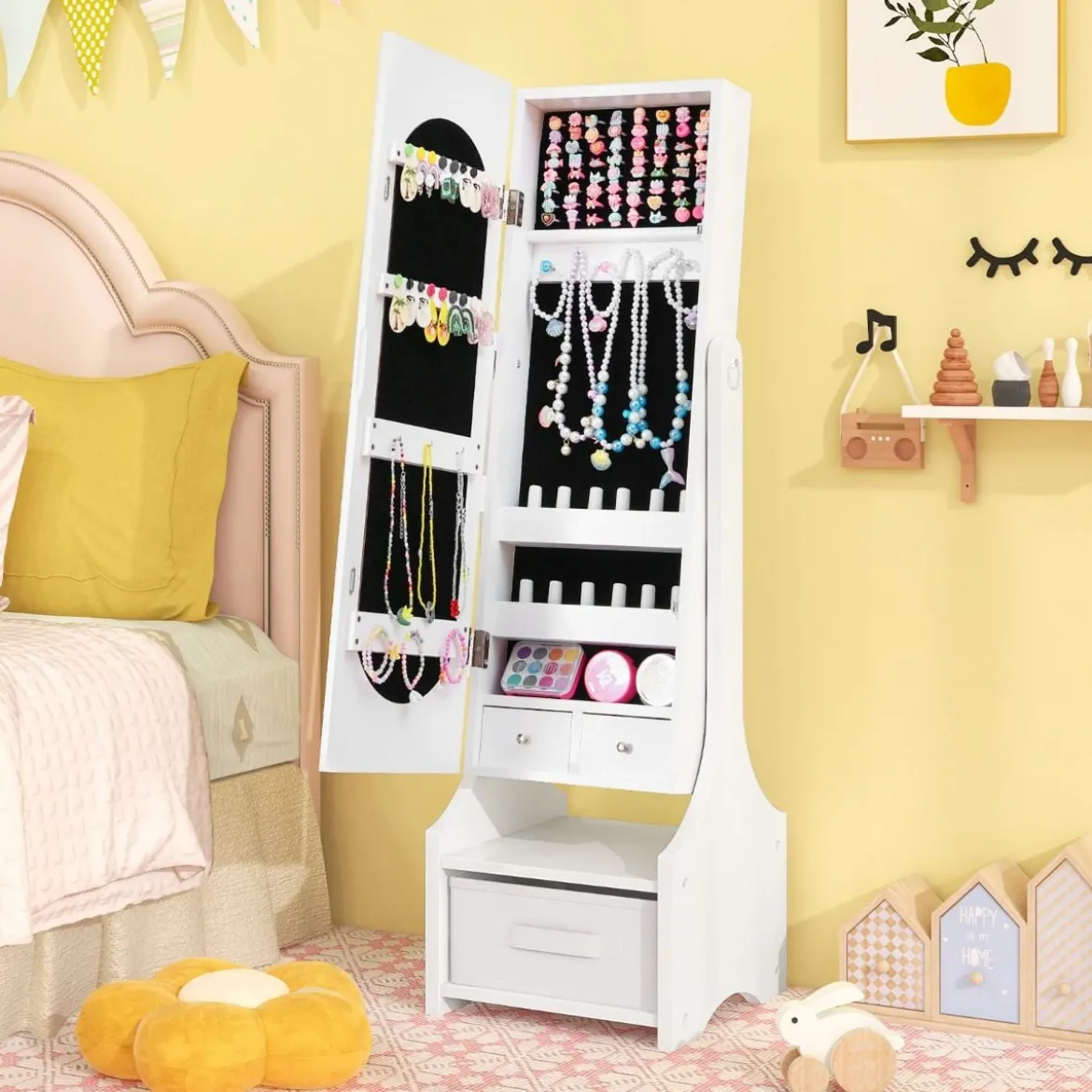 Kinder Schmuckschrank 3 in 1 Spiegelschrank neigbar mit Ganzkörperspiege Weiß
